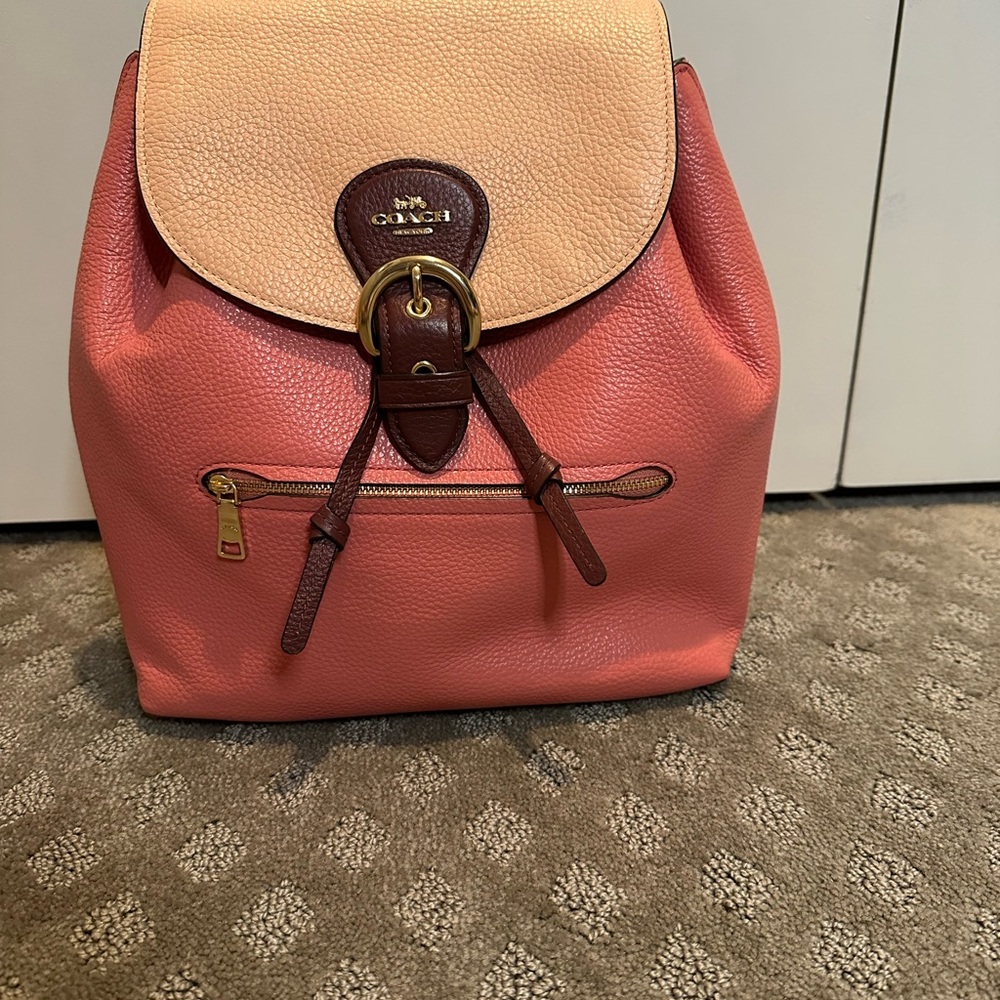 Coach Peach and Coral Pebbled Leather Backpack with Brown Trim